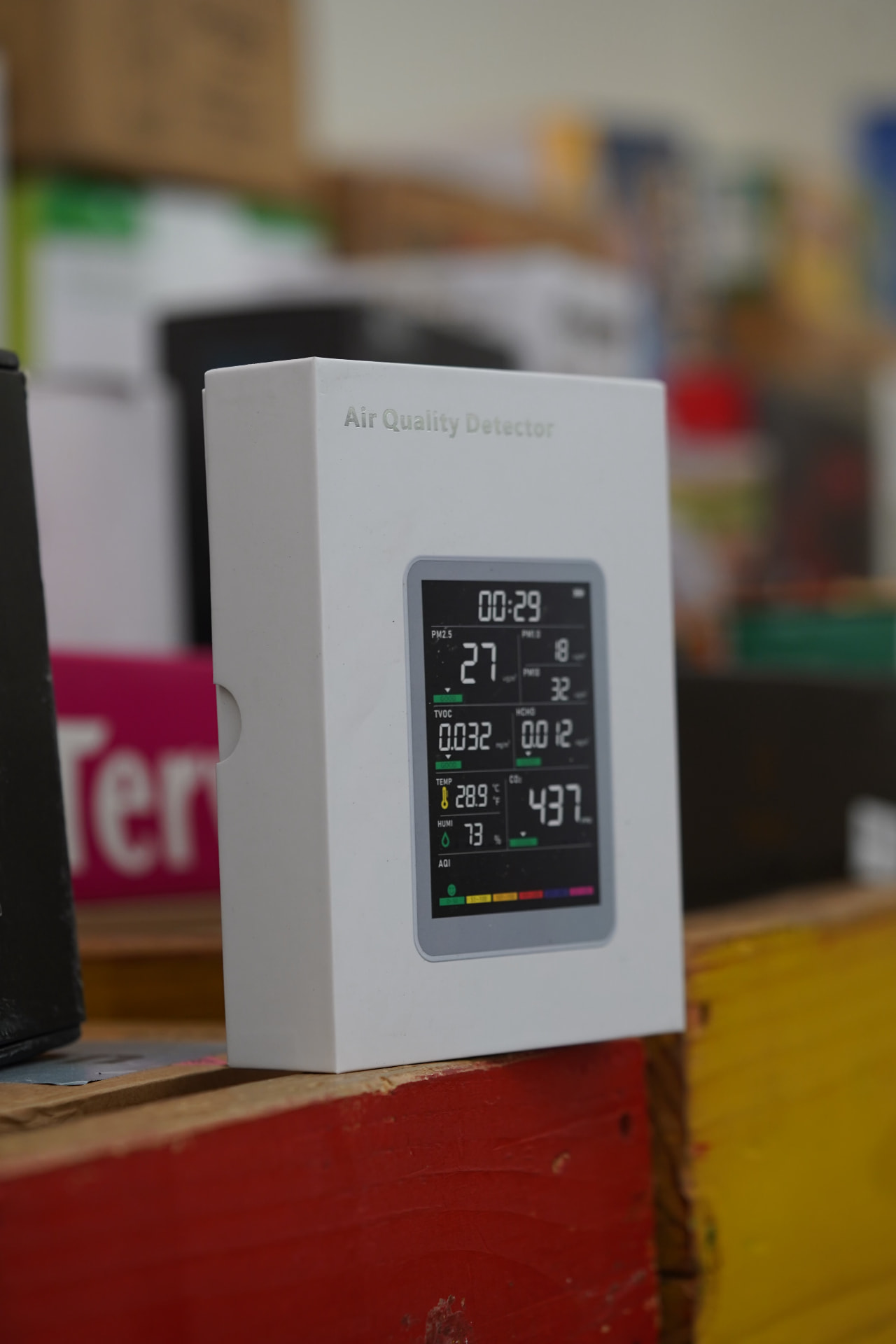Boxed air quality detector found at Deals on Wheels